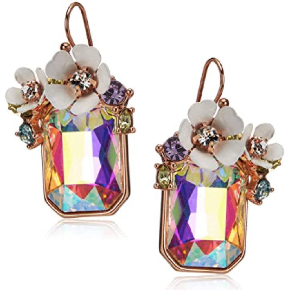 Betsy Johnson Flower Rectangle Stone Drop Earrings